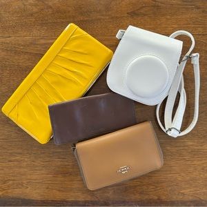 Couch clutch. Alba yellow clutch, fossil check book, Polaroid unbranded bag
